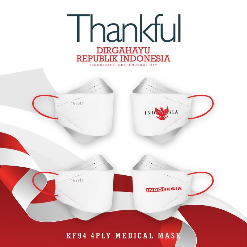 20PCS MASKER EDISI KEMERDEKAAN HUT RI MERAH PUTIH MERDEKA LOGO NKRI THANKFUL EARLOOP MODEL KF94 4PLY