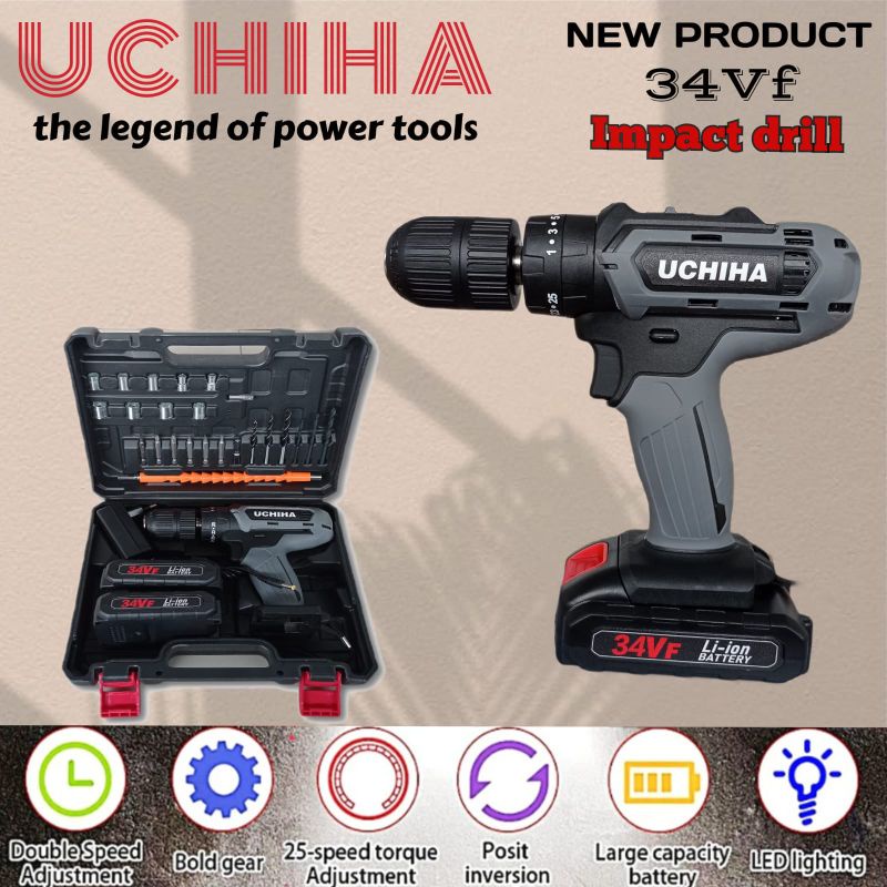 Mesin Bor Baterai Cordless Impact Drill Merk Uchiha 10mm Type 34vf 25 Torsi