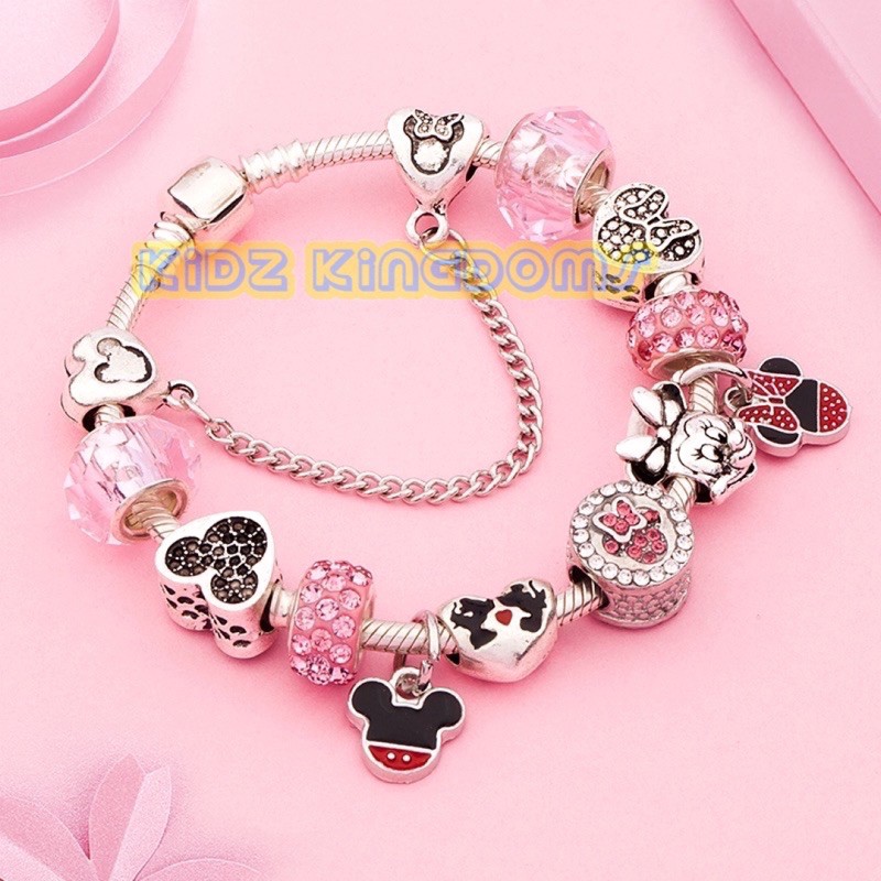 Gelang Charm Crystal Pink Minnie Mickey Bracelet Premium