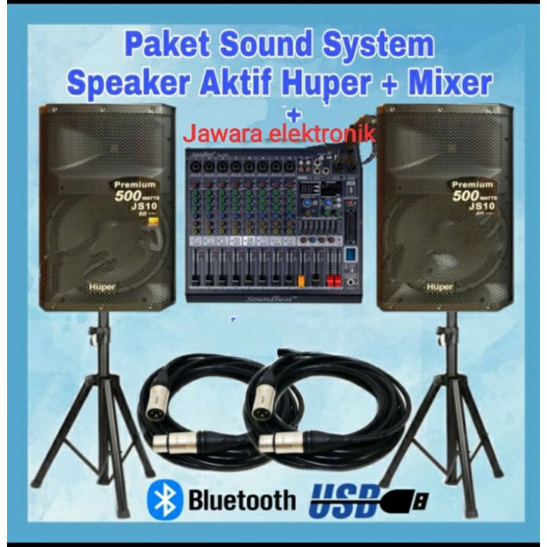 Paket sound system Speaker aktif Huper 15" Js 10 + mixer 8 chanel bluetoth original