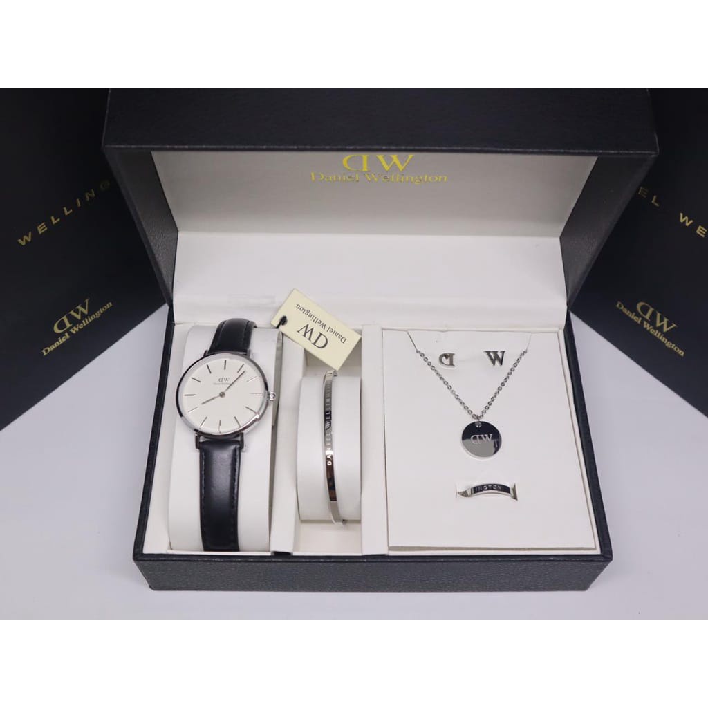 Jam Tangan Wanita WD Tali Kulit Paket Lengkap Box + Kalung + Anting + Cincin + Gelang Termurah / Jam