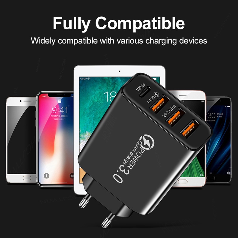 Adapter Charger Dinding 4 Port USB C PD US / EU Plug Untuk iPhone / Android