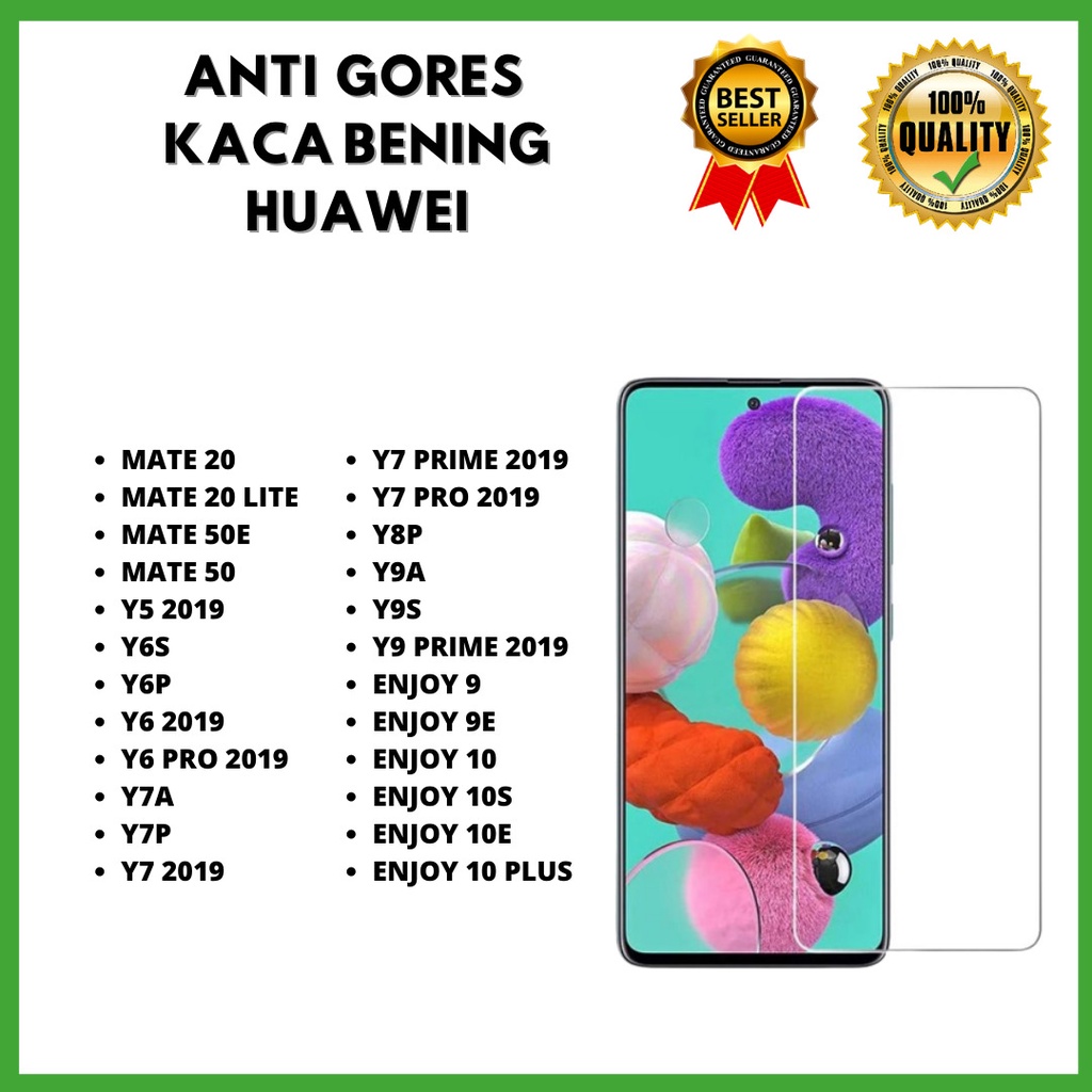 &lt; TEMPERED GLASS KACA BENING &gt; HUAWEI MATE 20-MATE 20 LITE-MATE 50E-MATE 50-Y5 2019-Y6S-Y6P-Y6 2019-Y6 PRO 2019-Y7A-Y7P-Y7 2019-Y7 PRIME 2019-Y7 PRO 2019-Y8P -Y9A-Y9S-Y9 PRIME 2019-ENJOY 9-ENJOY 9E-ENJOY 10-ENJOY 10S-ENJOY 10E-ENJOY 10 PLUS (HOKKY ACC)