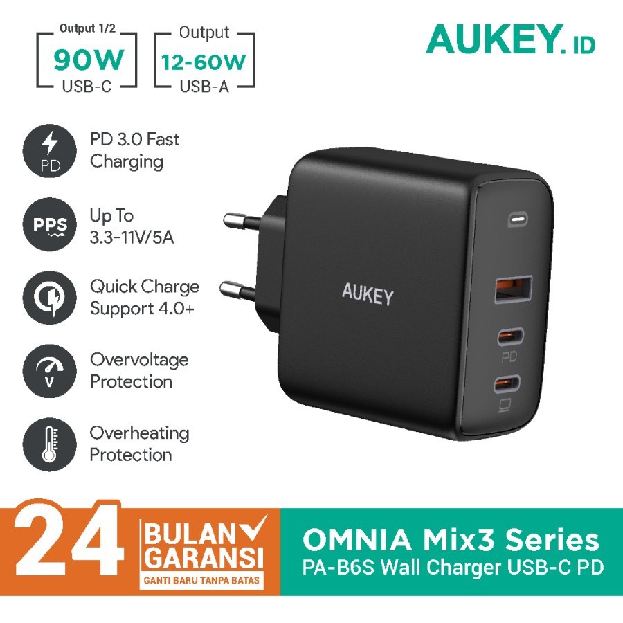 AUKEY PA-B6S - OMNIA MIX 3 - 90W 3-Port PD GaN Charger - Charger Smartphone &amp; Laptop 90W MAX