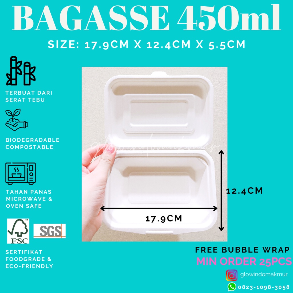 Bagasse Kotak 450ml Lunchbox Takeaway Sugarcane Serat Tebu ECO FRIENDLY