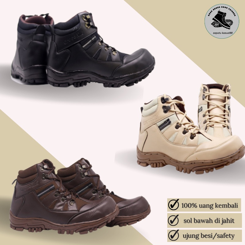 Sepatu Safety Pria Boots Crocodile Armour Hitam Ujung Besi Working Proyek Hiking