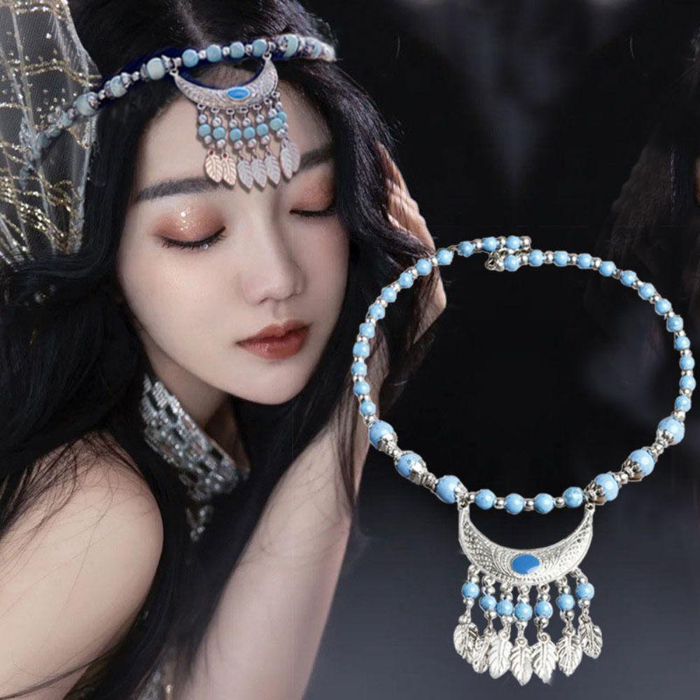 Nickolas1 Rantai Dahi Fotografi Niche Fringed Chain Headband Gaya Nasional Wanita Kalung