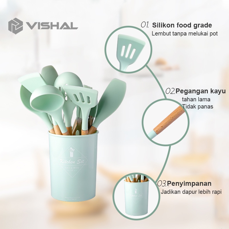 VISHAL 12pcs Kitchen Set Spatula Masker Alat Dapur Spatula Silikon Tahan Panas Peralatan Masak