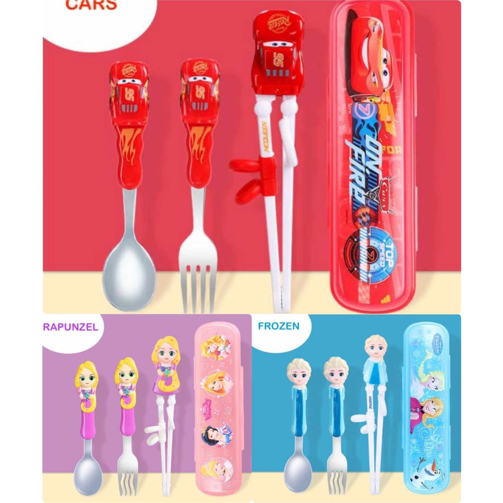 SENDOK SET DISNEY 3IN1 (SENDOK, GARPU, SUMPIT) / TRAINING CHOPSTICK SET DISNEY CARS FROZEN RAPUNZEL