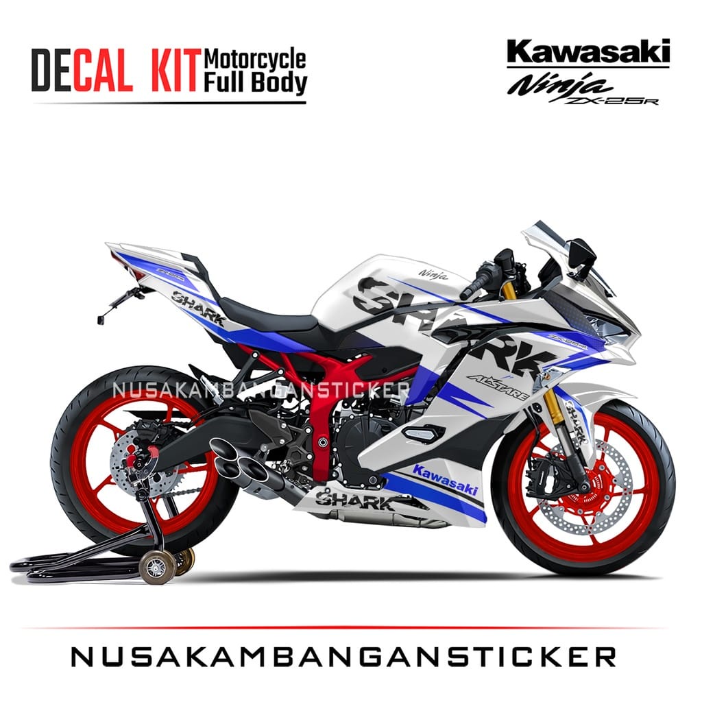 Stiker Decal Motor Kawasaki Ninja ZX 25R Full Body Livery Shark Putih Biru Grafis Racing Team Sticke