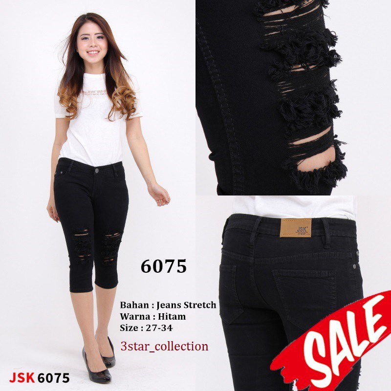 Celana Jeans 7/8 sobek tidak lapis hitam JSK 6075