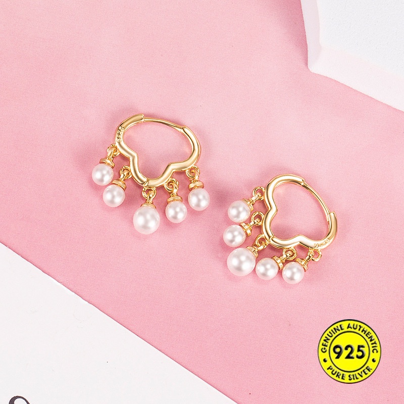 Anting Klip Telinga Lapis Emas 18K Hias Liontin Rumbai Mutiara Bahan Sterling Silver Anti Karat