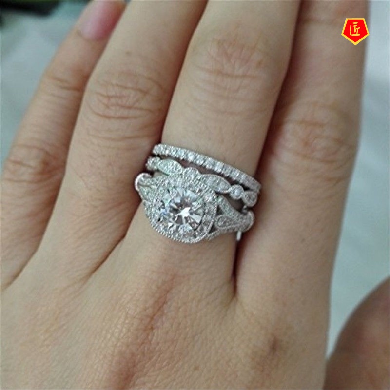 [Ready Stock]Topaz Full Diamond Three Ring Set Luxury Fashion Elegant