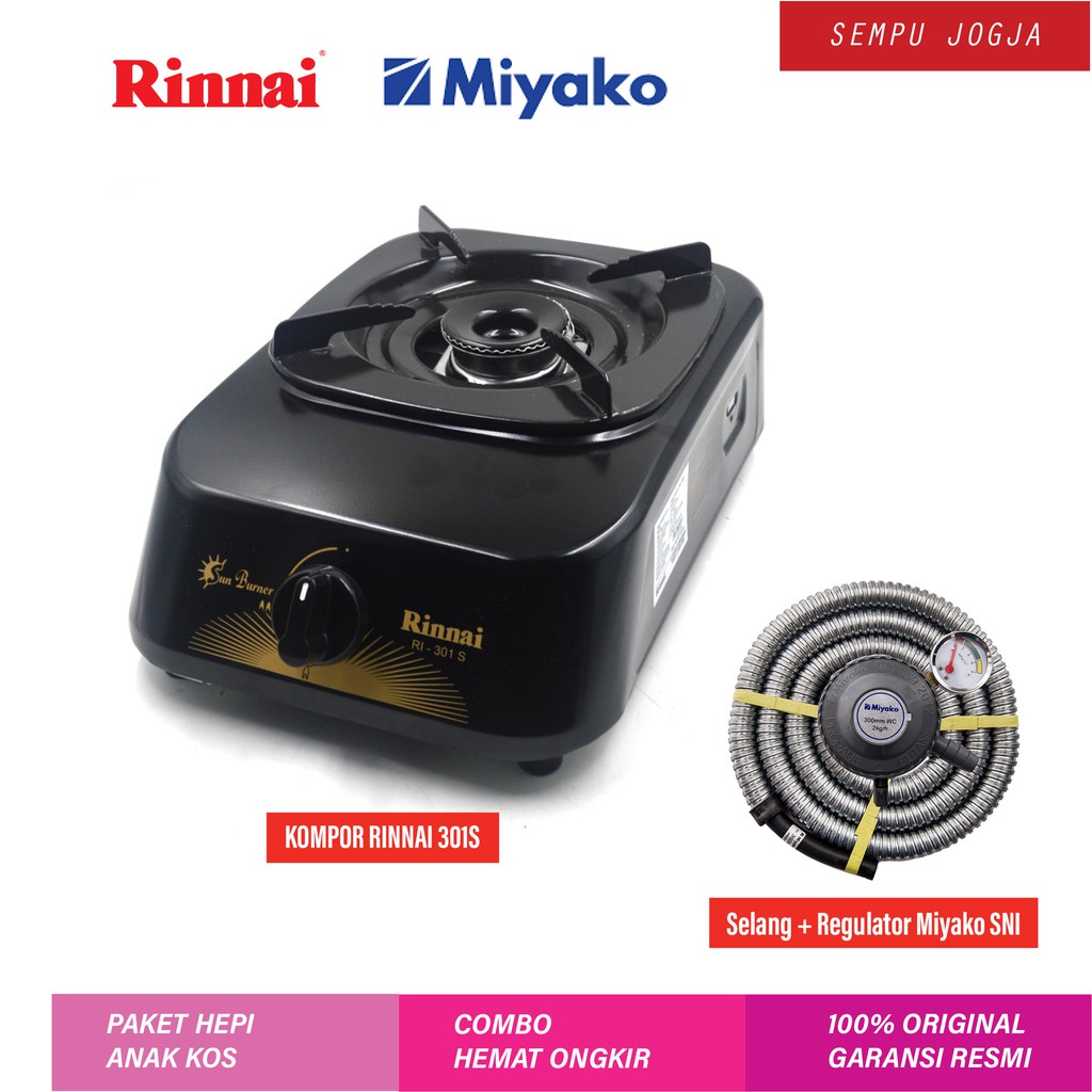 Kompor Gas Rinnai RI-301S 1 TUNGKU + Selang Gas + Regulator Miyako Kompor Sun Burner RI301S