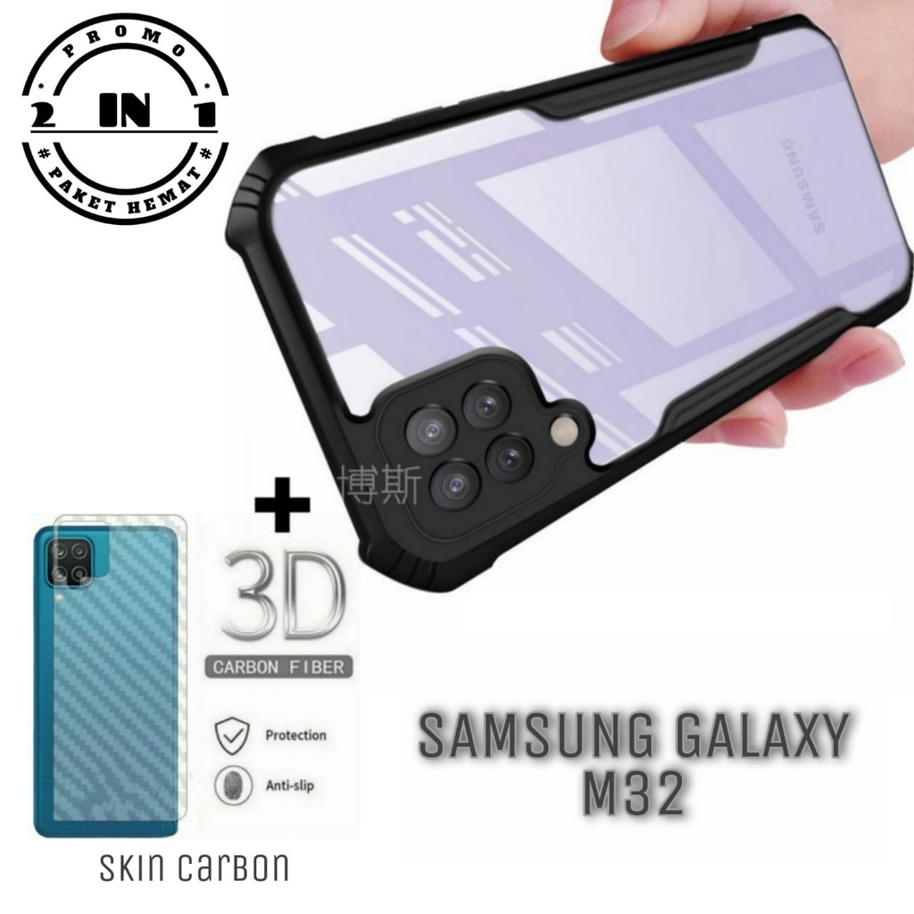 Case SAMSUNG M32 Paket 2in1 Hard Case Fusion Shockproof dan Skin Carbon