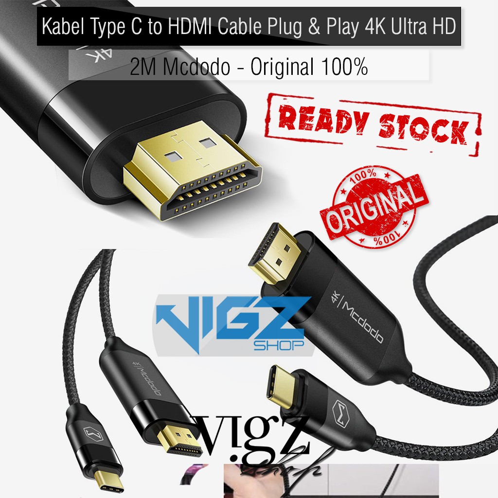 Kabel Type C to HDMI Cable Plug &amp; Play 4K 2M Mcdodo Original CA-588