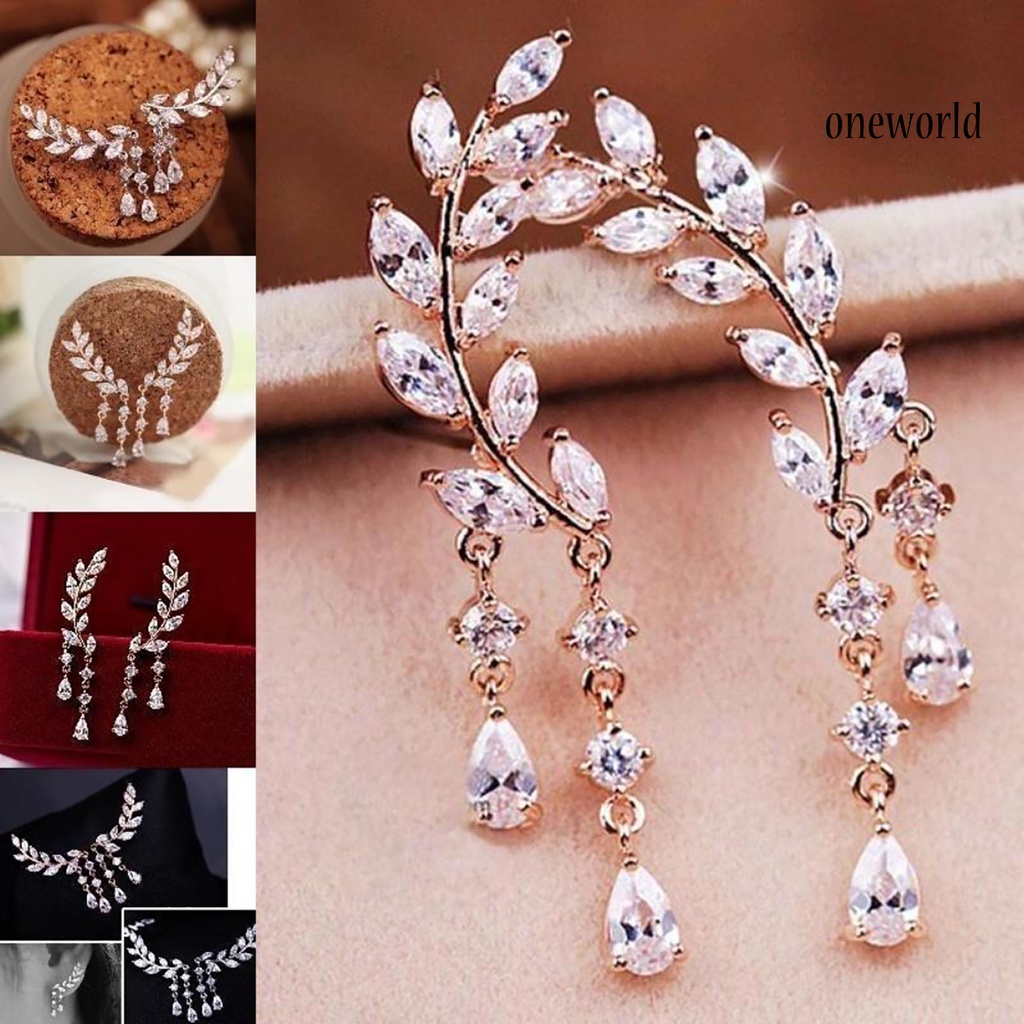 OW@ 1 Pair Women Leaves Shape Rhinestone Inlaid Water-drop Tassels Earrings Ear Studs Jewelry for Party