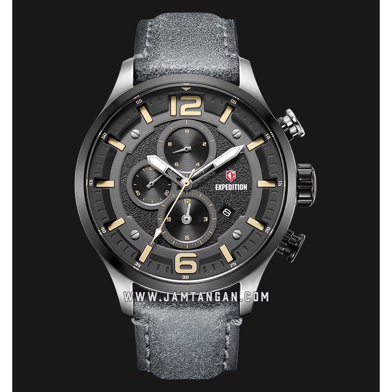 Expedition E 6775 MC LTBBAIV Chronograph Men Black Dial Grey Leather Strap