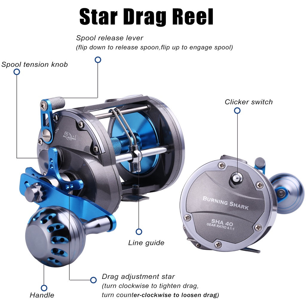 Rasio Gear Fishing Reel Air Asin 4.1: 1 Bintang Grag Reel Bahan Paduan Kekuatan Tinggi Kuat Memancing Drum Trolling Fishing Reel untuk Berselancar dan Air Asin