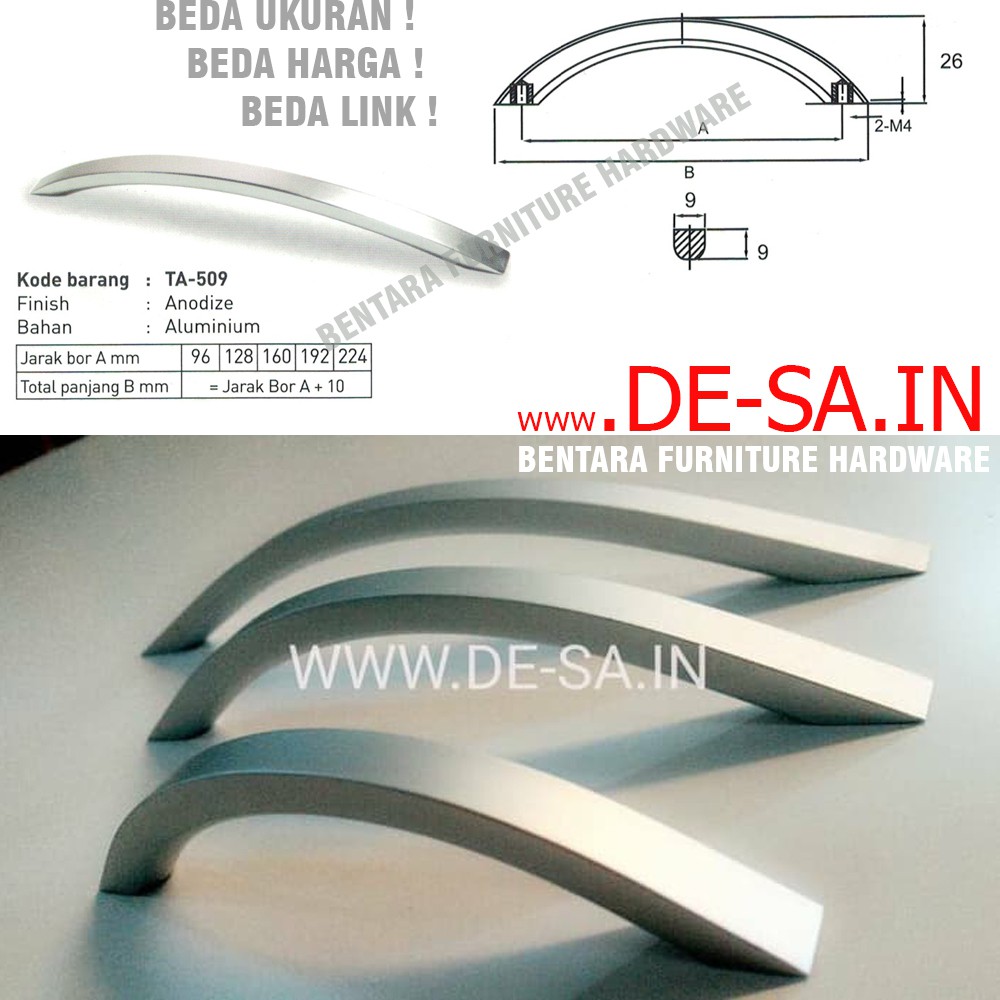 Huben TA-509 160 MM Tarikan Laci Meja Lemari Kabinet Gagang Pintu Handle Aluminium Anodize Meja Lemari Kabinet (Sekitar 16 - 17 cm )