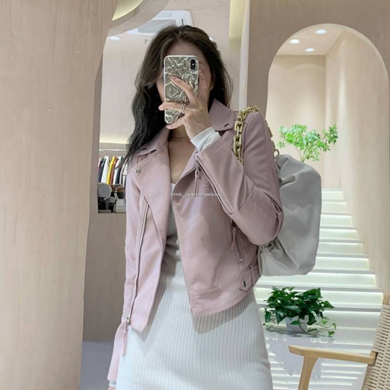 jaket kulit asli wanita koreaan,leather jacket pink slimfit,jaket wanita