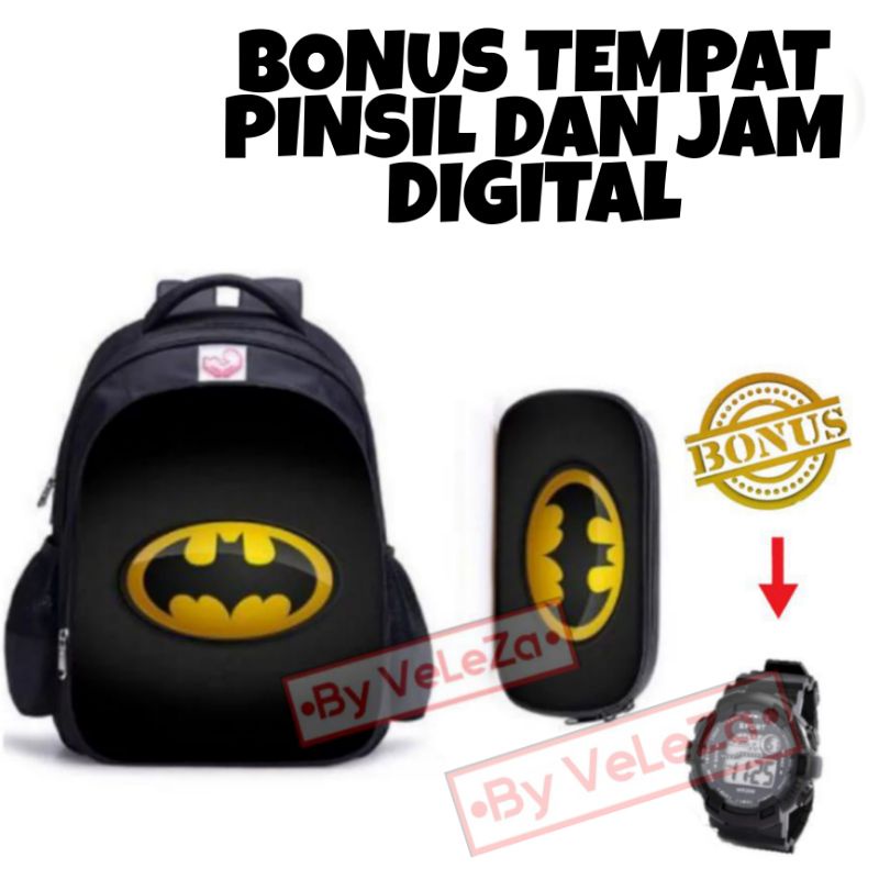 Tas ransel anak laki-laki karakter superhero gratis tempat pinsil jam tangan - tas anak