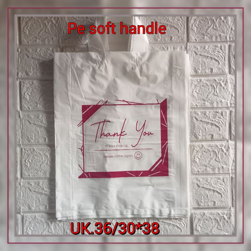 Kantong plastik PE Soft handle UK 36/30x38 (isi 50 pcs)Motif thank you kantong belanja kantong toko pakain  kantong gamis