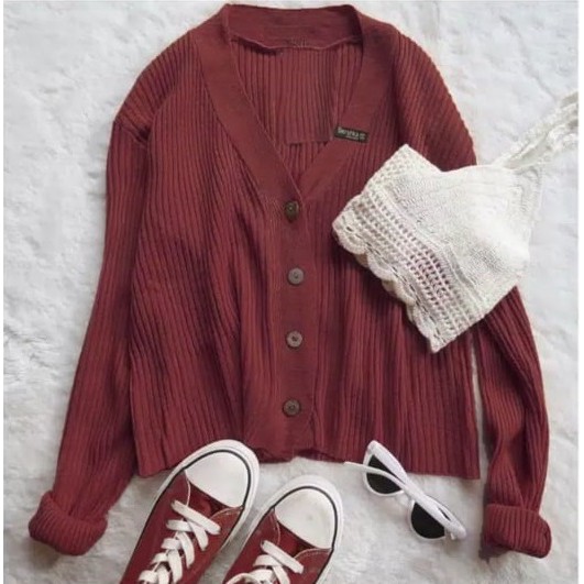 WILLY CARDY - Cardigan Kancing Batok - Cardigan Crop Rajut - Cardigan Crop - Kardigan basic Polos Kardigan Rajut Wanita - Knit Kardigan - Cardigan Rajut Kancing / Willy Crop Cardy Rajut-maroon
