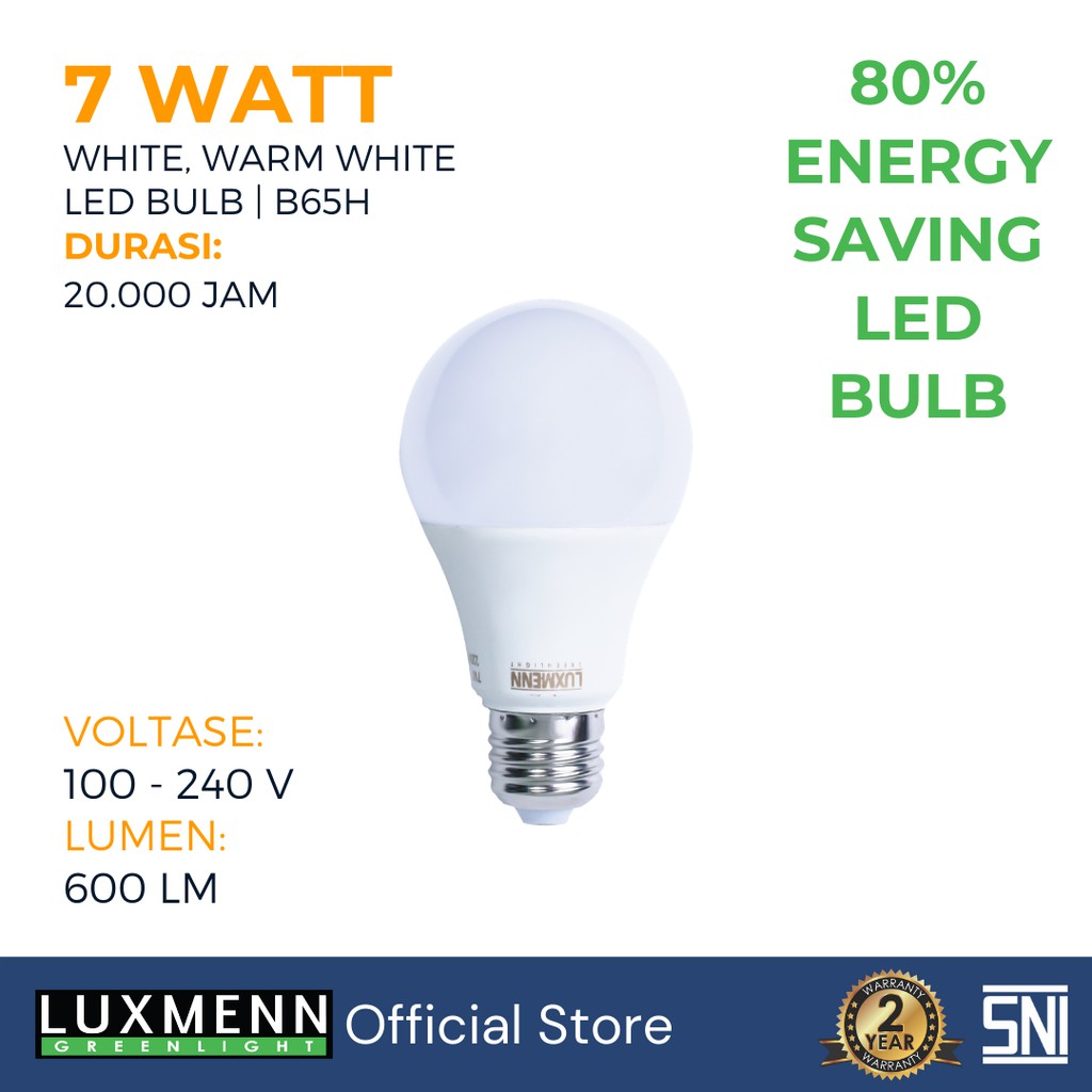 Luxmenn LED Lampu Bohlam, Seri B65H, 7 W Kuning (3000K) Putih (6000K)