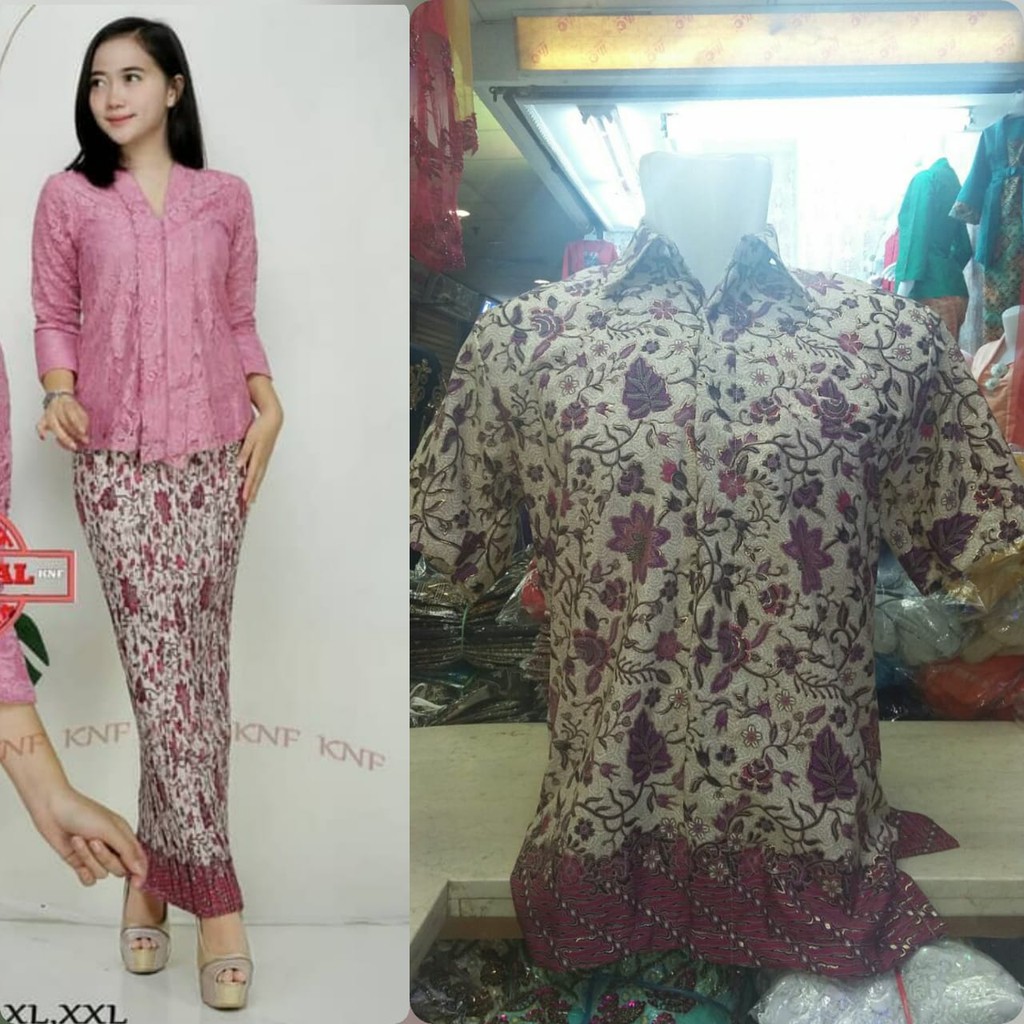 kebaya brokat floy couple hem batik lengan pendek