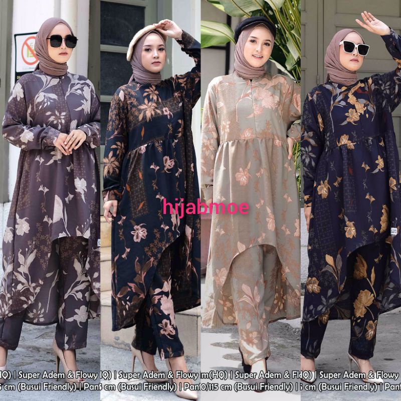 Hijab Sisters Lubna One Set Setelan Wanita Prada Crepe Motif Bunga LD 112 Busui Friendly Celana Kare