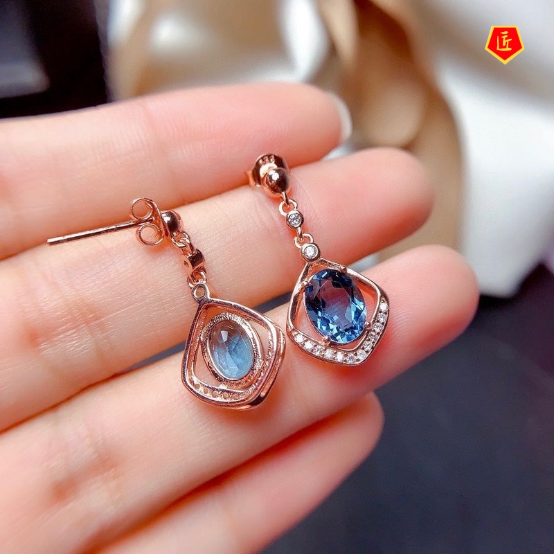 [Ready Stock]Natural Blue Topaz Stud Earrings for Women 14K Rose Gold