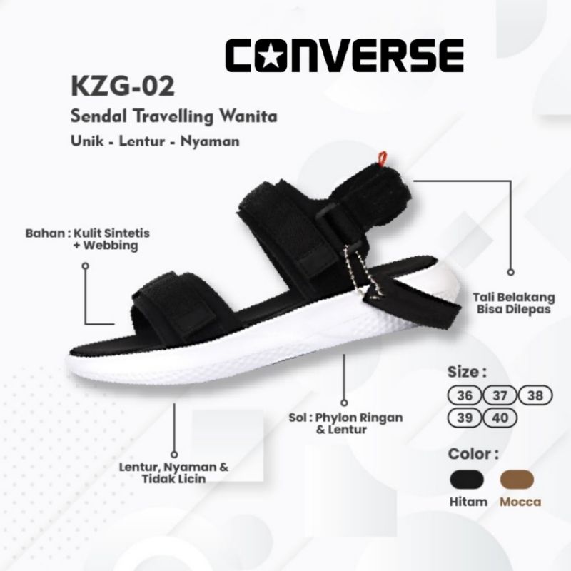 Converse - Fuji Yama 02 Black White Sandal Cewek Wanita Perempuan Murah Sendal Tali Karet Sepatu Gun