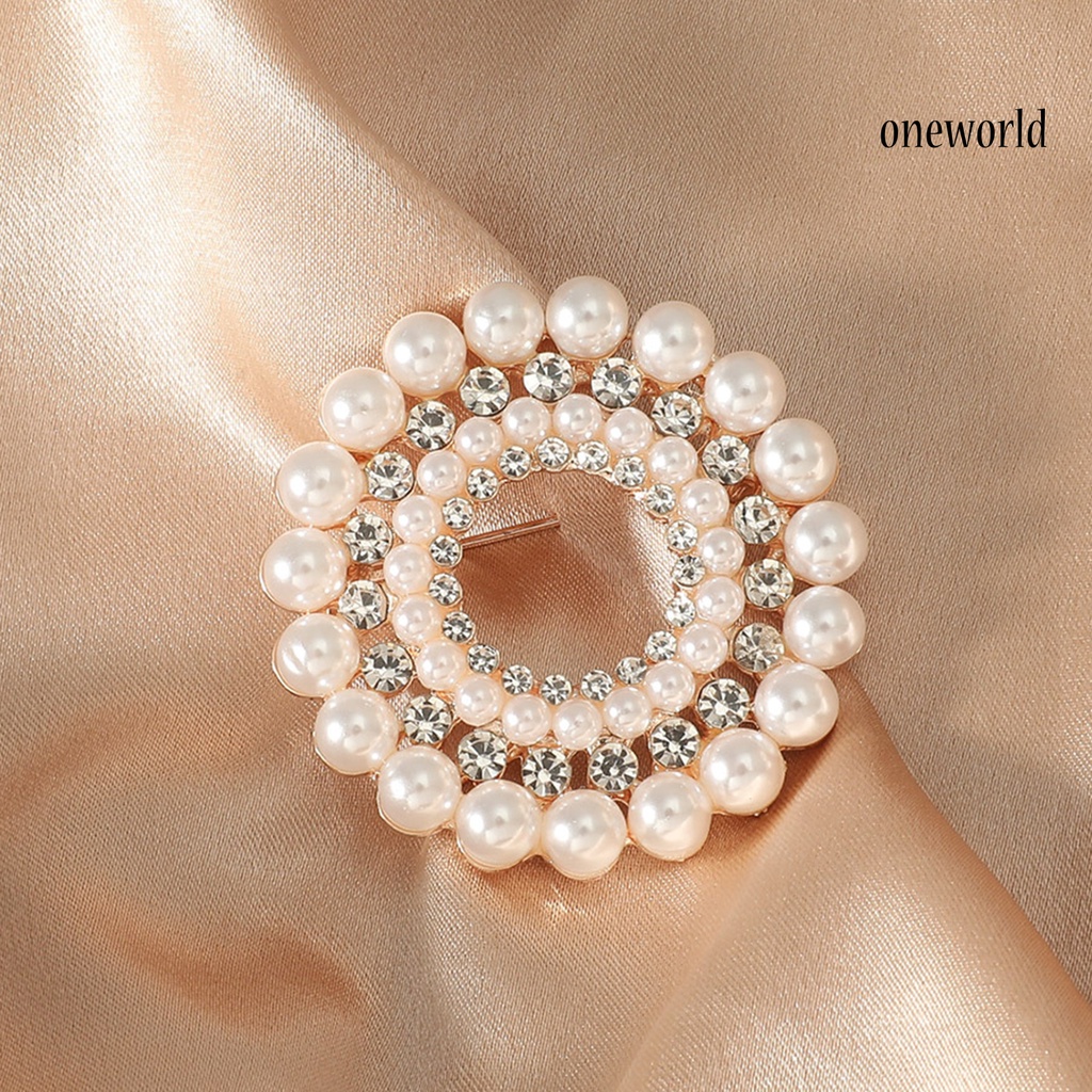 OW@ Women Round Faux Pearl Rhinestone Decor Brooch Pin Corsage Fashion Accessory