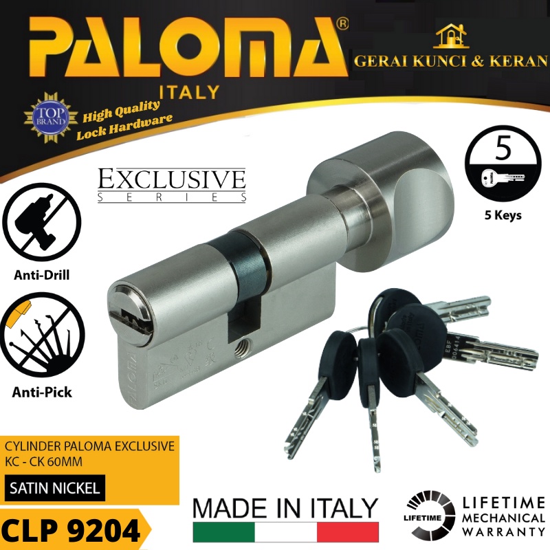 PALOMA CLP 9204 KNOB CYLINDER ITALY 60 MM EXCLUSIVE KUNCI PINTU BRASS SATIN NICKEL