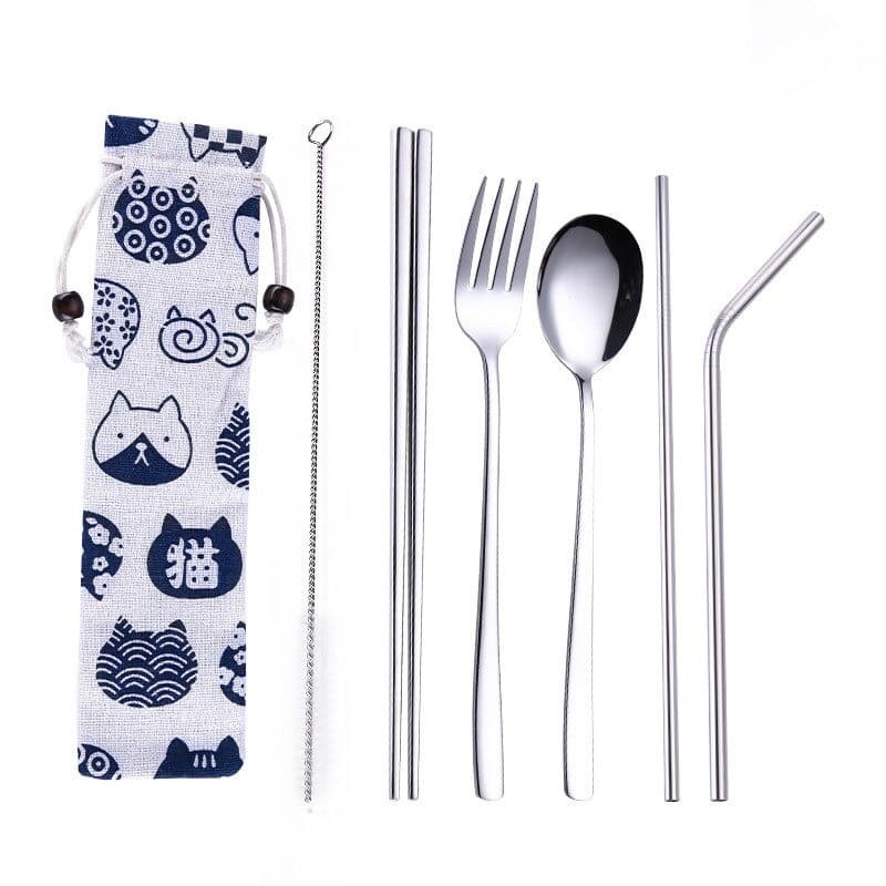 Tofok Cutlery Set Perlengkapan Makan Sendok Garpu Kitty Cloth Bag T5