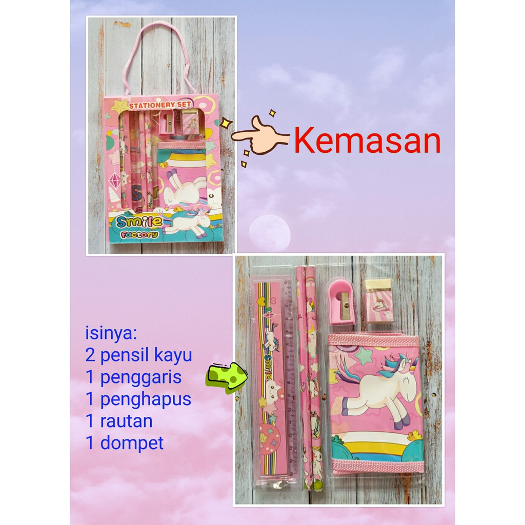 

paket alat tulis study set dan dompet karakter unicorn kuda tanduk