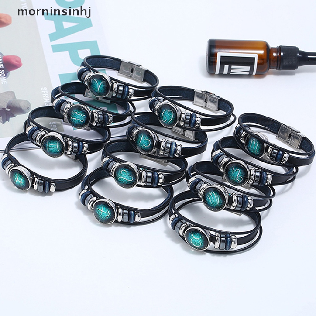 Mornin Gelang Tangan Kulit Banyak Lapis Aksen 12 Rasi Bintang Gaya Retro Untuk Wanita