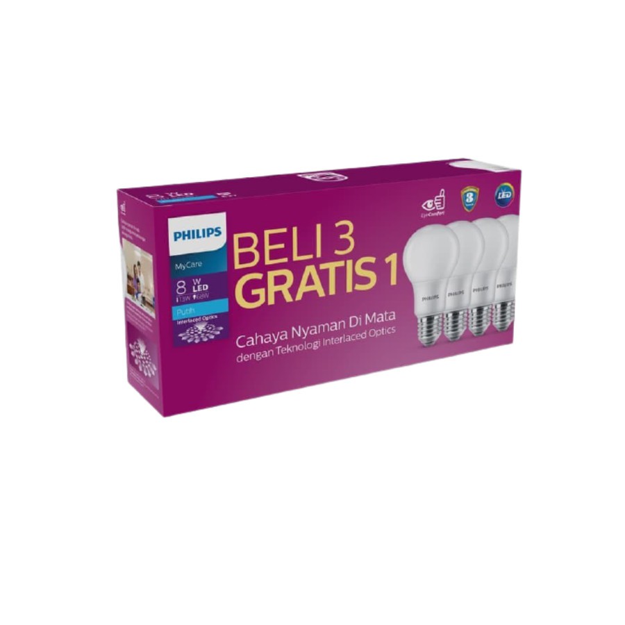 LAMPU PHILIPS LED BULB 8 WATT PAKET BELI 3 GRATIS 1 PHILIPS MultiPack MyCare