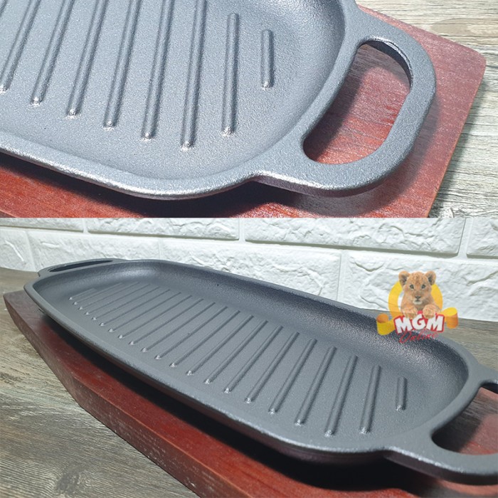 Hotplate Segi Panjang 40cm dgn alas Kayu Iron cast serving plate grill