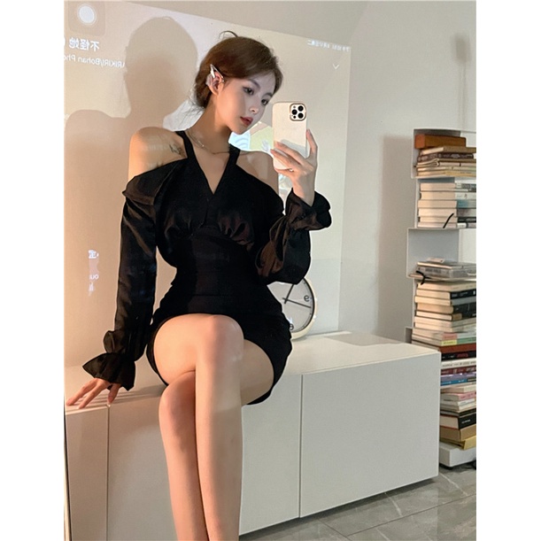 Suhao halter shirt dress hitam terang dewasa rok v-neck off-the-shoulder dengan rok bawah pinggul