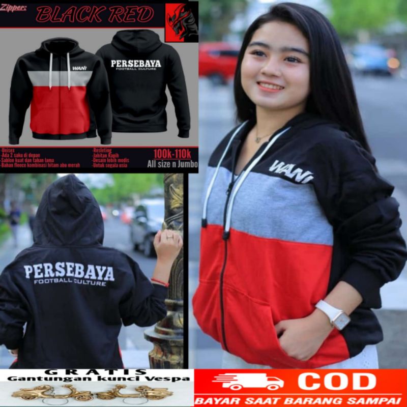 Hoodie Persebaya Wani Bonek Bonita Jacket Resleting Persebaya Black Red