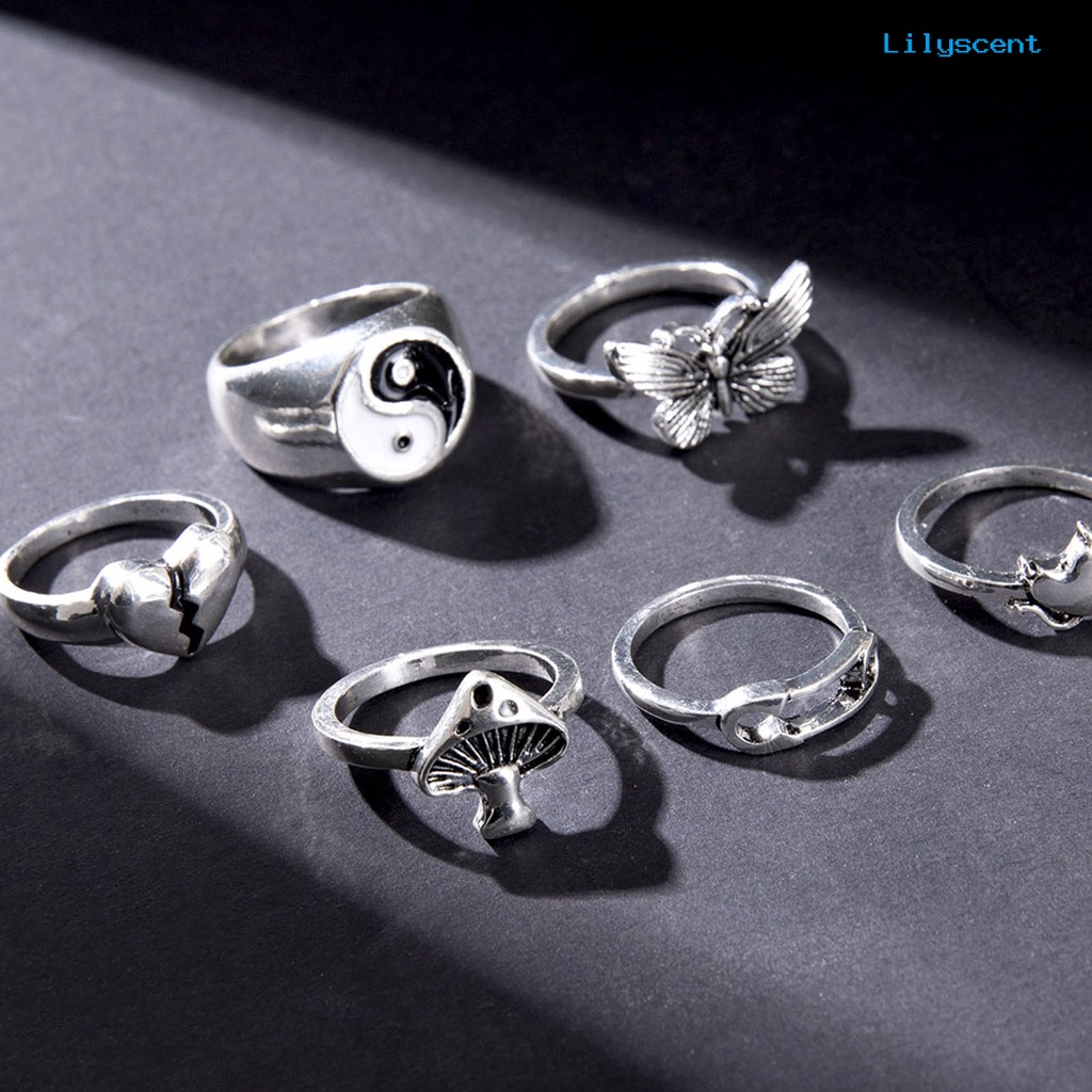 6pcs / Set Cincin Desain Butterfly Bahan Alloy Gaya Retro Stackable Untuk Aksesoris Perhiasan