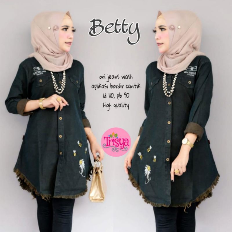 Terbaru, Tunik Betty By Trisya, Bahan Jeans Wash Ori, Kancing Aktif, Kombinasi Bordir Cantik