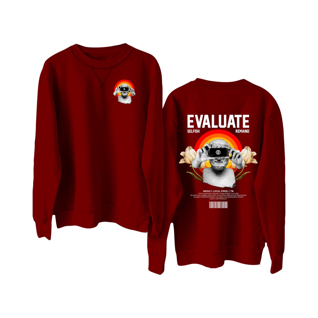 BRIGO Basic Sweatshirt  evaluate II Sweater Crewneck BRIGO  evaluate Sablon DTF Fleece Cotton M-XXL (Pria &amp; Wanita) Free stiker&amp;Gantungan Kunci