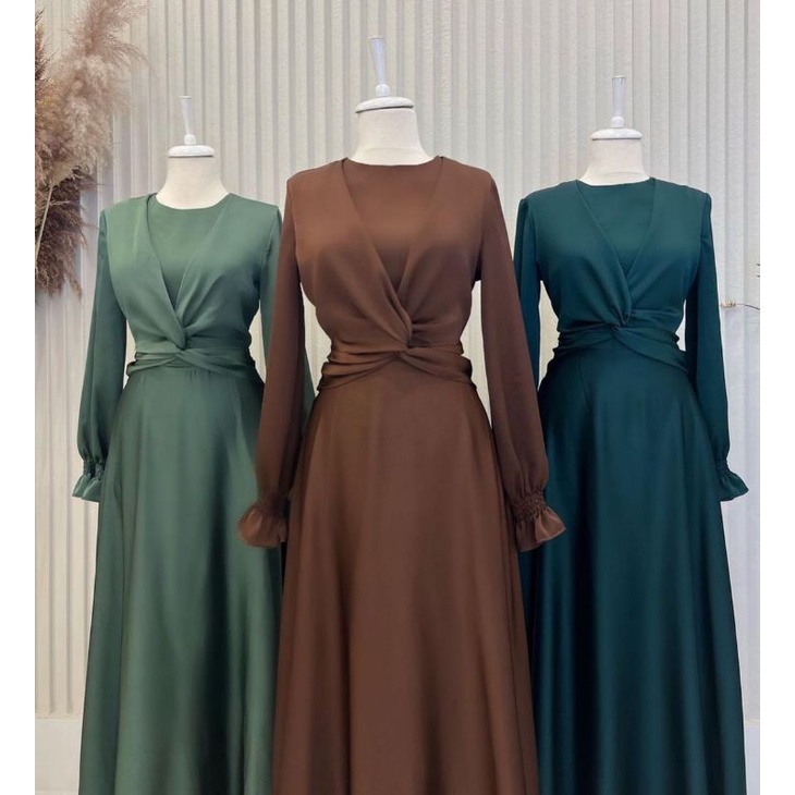 GAMIS SATIN/DRESS SATIN SILK MEWAH ELEGAN TALI  lengan kerut