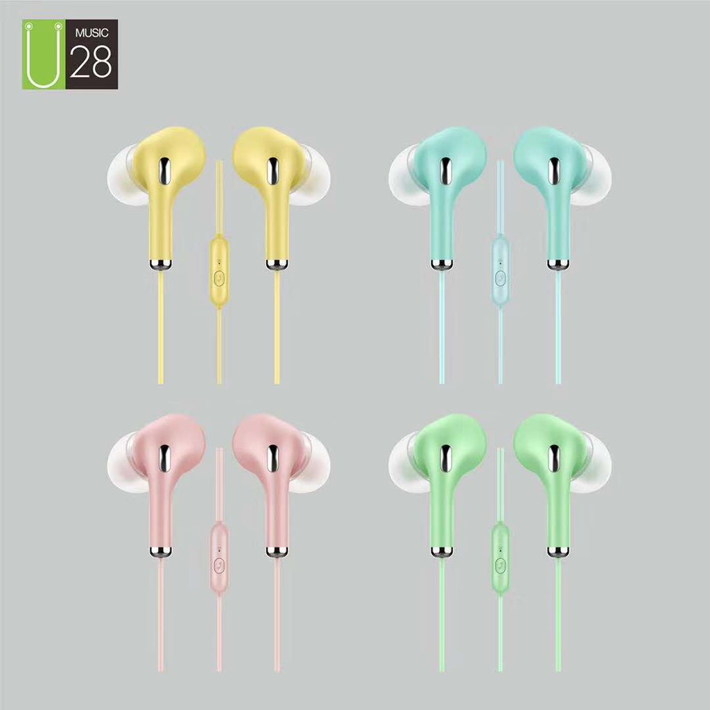HEADSET EARPHONE U28 U 28 HF MACARON HANDSFREE STREO EXTRA BASS MURAH PROMO