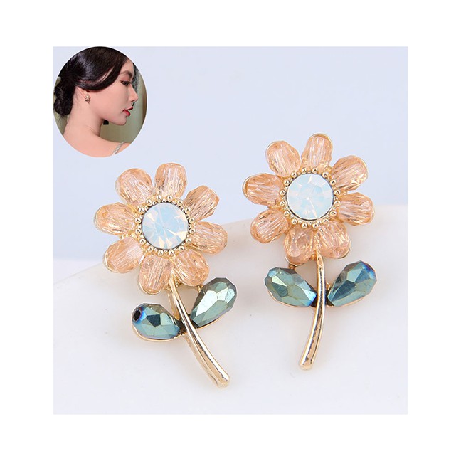 LRC Anting Fashion Yellow Crystal Flower Alloy Earrings A61839