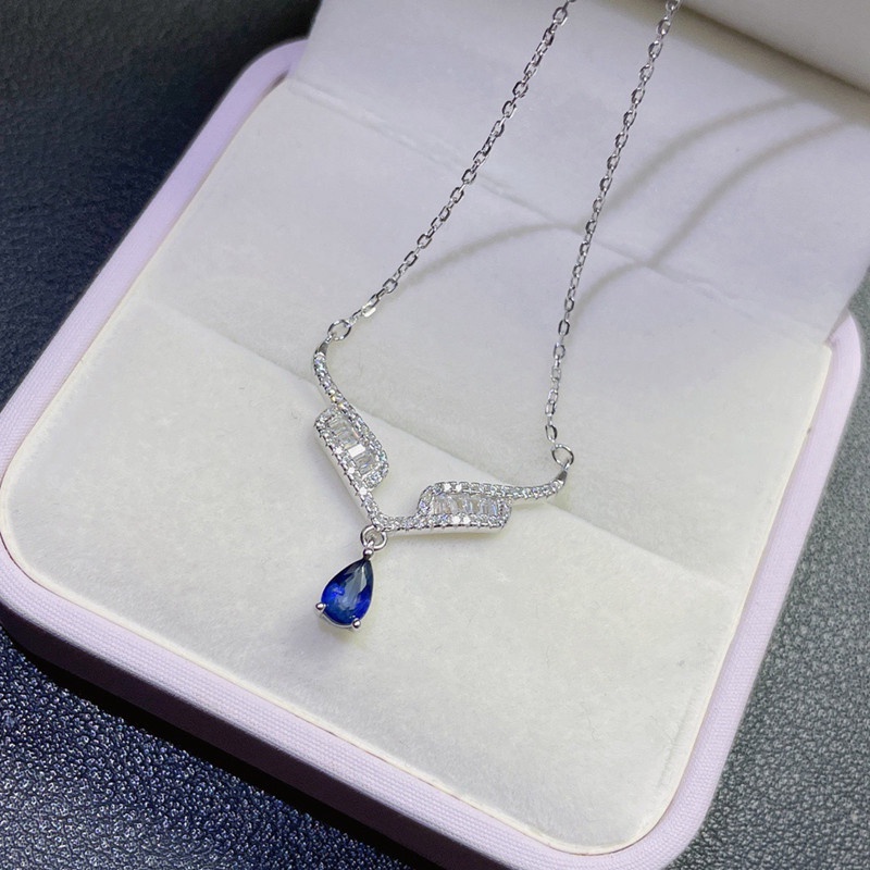 Kalung Dengan Liontin Bentuk Tetesan Air Bahan Cubic Zirconia Warna Biru Untuk Wanita