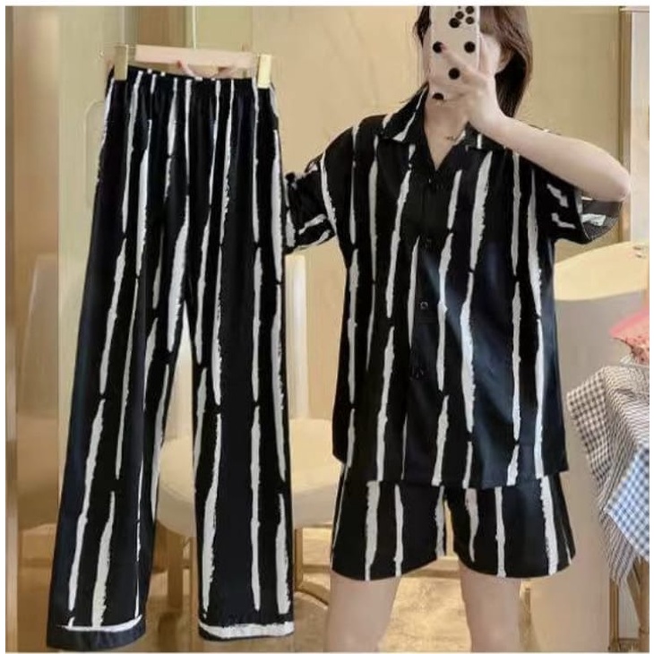 baju tidur piyama lengan pendek celana panjang model kra 3in1 bahan spandek import,motif bisa buat cewek dan cowok